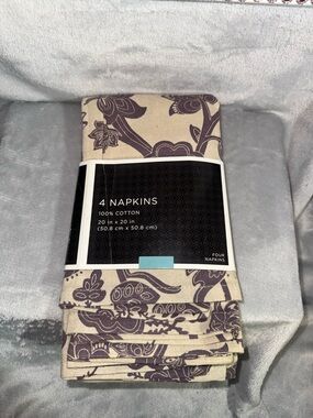 Cotton Floral Table Napkins - Set of 4 in Taupe and Dark Purple